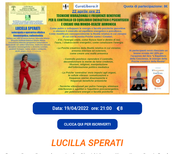 Tecniche vibrazionali per l’equilibrio energetico e psicofisico, e creare una realtà armonica – 22.4.22 Curalibera